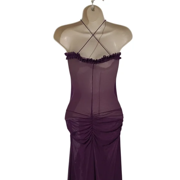 Purple Mesh Ruffle Cut Out Maxi Dress With Slit - Picture 5 of 8